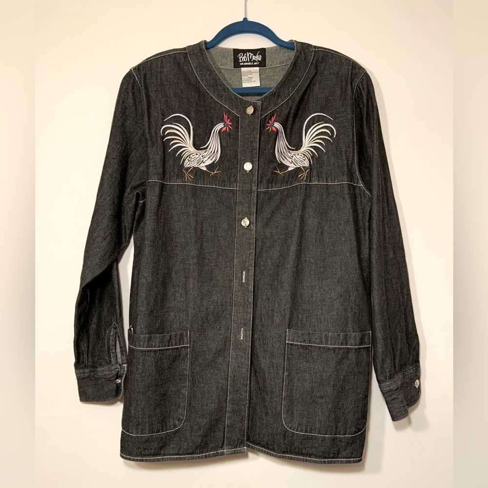 ♦️ Bob Mackie Wearable Art Button up Shacket - Long Sleeve - Chicken embroidery